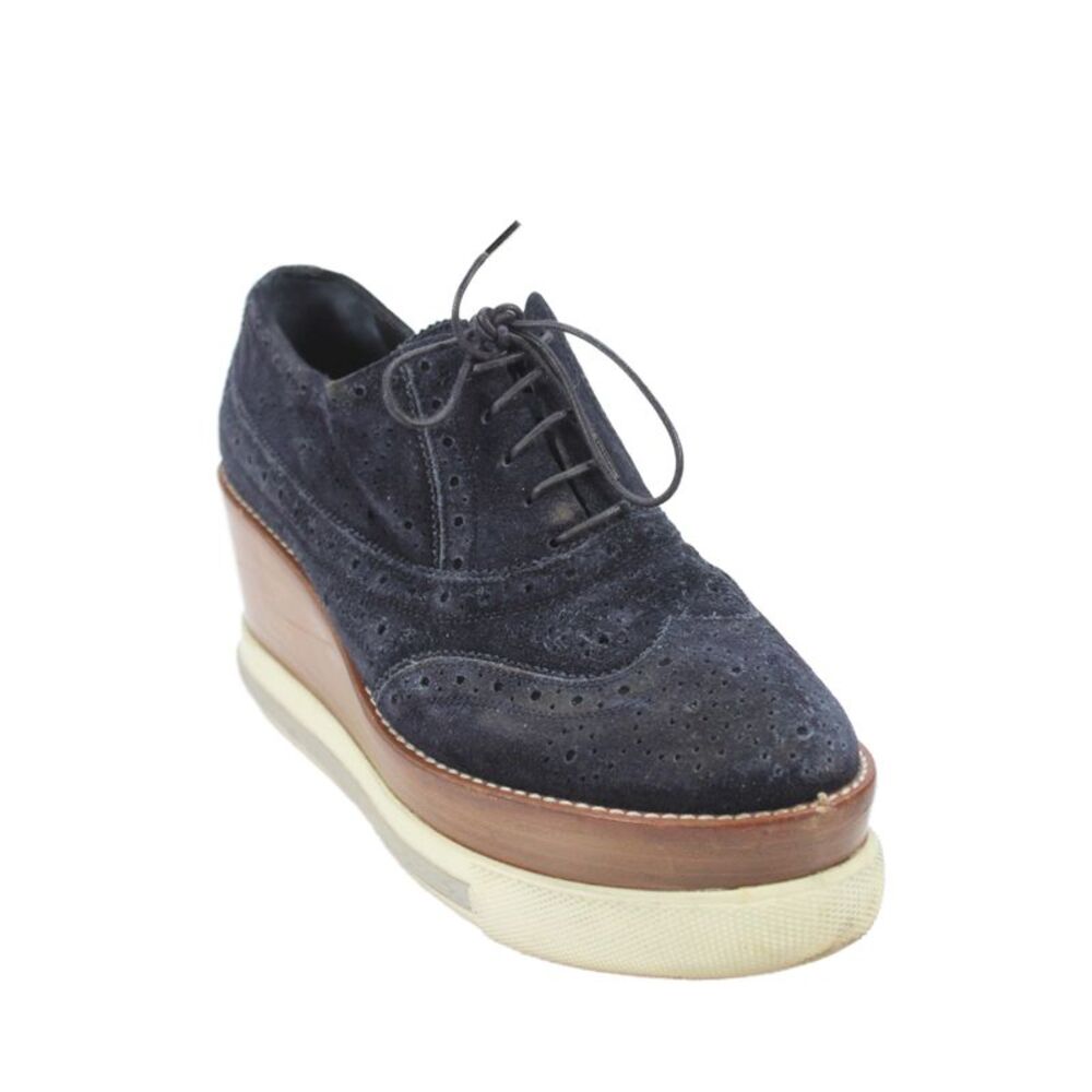 Miu Miu Womens Lace Up Wedge Heel Platform Oxfords Navy Suede Size 38